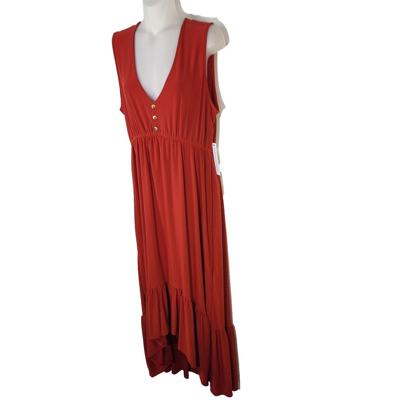 Emma & Michele Women Maxi Dress Medium Red Empire Waist Sleeveless V Neck Hi Low - Picture 4 of 10